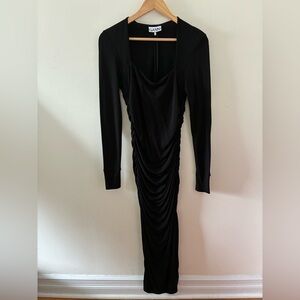 GANNI Ruched Slinky Square Neck Ruched Midi Dress Black Sz 38 Small Medium $395